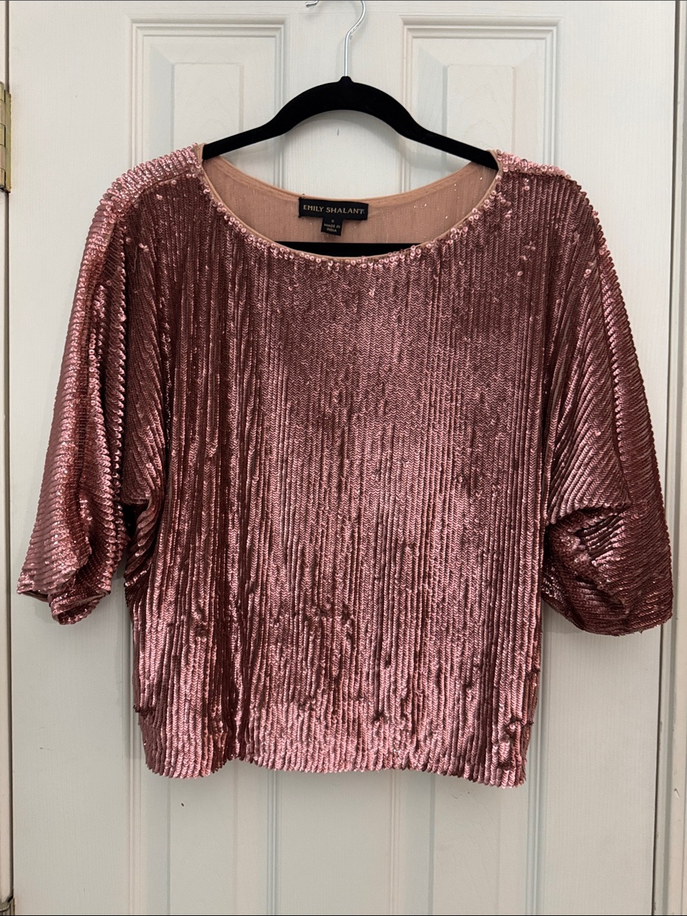 Emily Shalant Rose Gold Ribbed Velvet and sequined Top